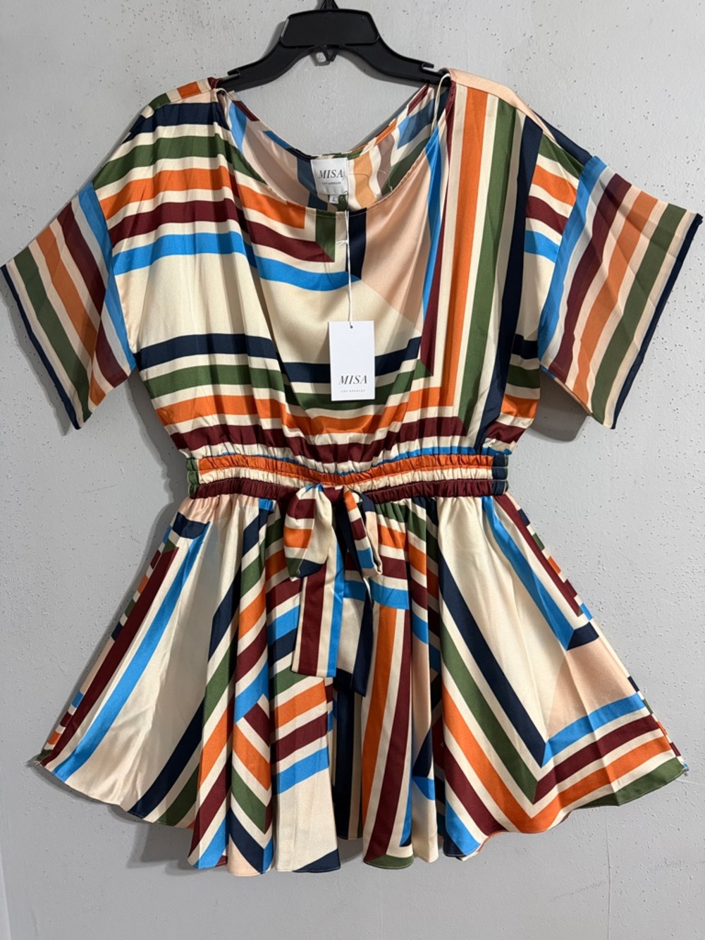 NWT MISA Multicolor Striped Waist-Tie Dress w large BOW TIE mini